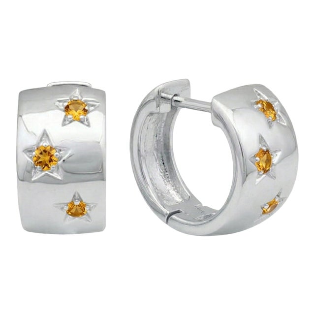 Vintage Style Citrine Star Hoop Earrings, 925 Silver Huggie Hoops, November Birthstone Jewelry - A Pair For Sale