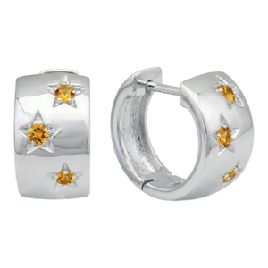 Vintage Style Citrine Star Hoop Earrings, 925 Silver Huggie Hoops, November Birthstone Jewelry - A Pair