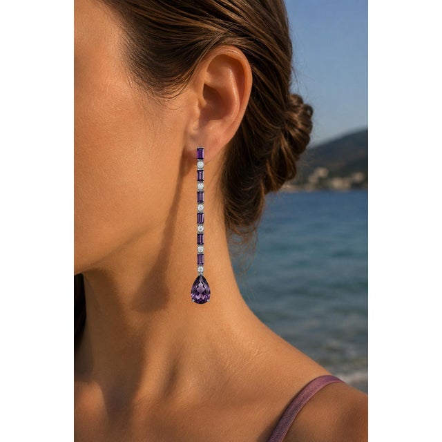 Amethyst Long Drop Earrings, Silver, Gold, Pair For Sale - Image 6 of 7