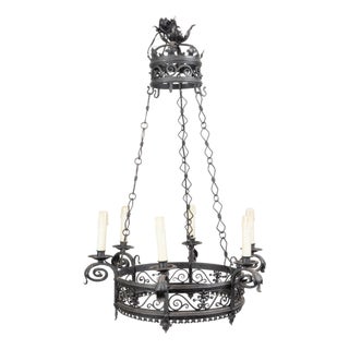 1900s French Turn of the Century Iron Chandelier with Six Lights and Scrollwork For Sale