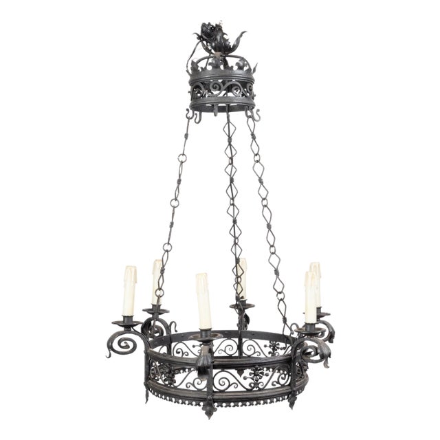 1900s French Turn of the Century Iron Chandelier with Six Lights and Scrollwork For Sale