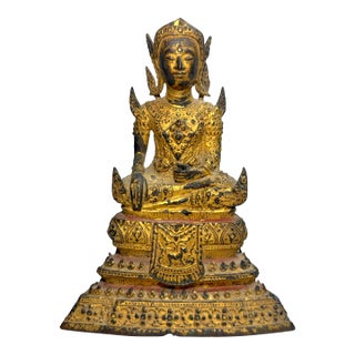 Ntique Early 1800s Gold Gilded Bronze Thai Rattanakosin Buddha Statue Sculpture For Sale