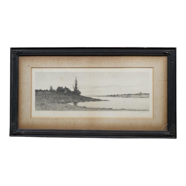 Antique Alfred J Haller Country Cottage Village Lake Landscape Etching 22" For Sale