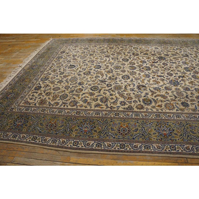 1940s Ivory Floral Antique Persian Formal Kashan Carpet 10' X 16' Knotted Pile Wool Rug For Sale - Image 12 of 12