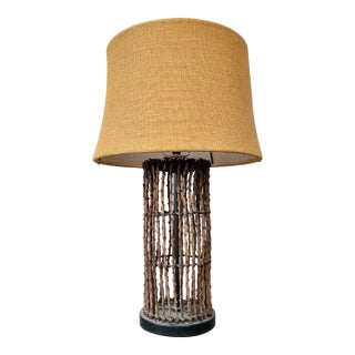 Vintage Rustic Natural Wood Branch Coastal Lamp With Shade For Sale