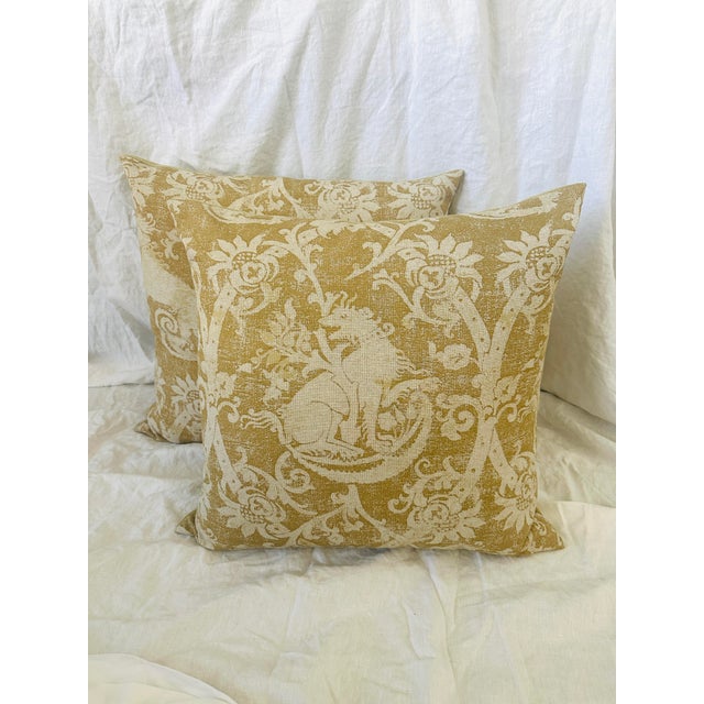 Pair of Rustic European Linen Decor Pillows Gryphon Print For Sale - Image 4 of 7