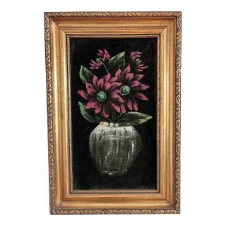 Vintage Original Velvet Flower Oil Painting, Red Flower Still Life Art For Sale