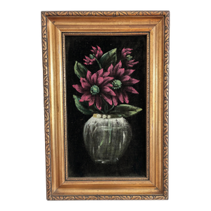 Vintage Original Velvet Flower Oil Painting, Red Flower Still Life Art