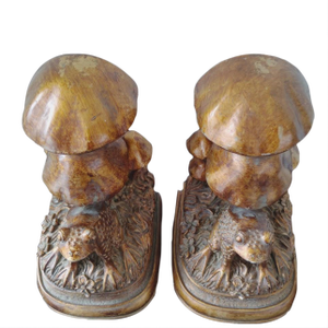 Vintage Frog Sitting Under Mushroom Bookends - A Pair Bronze Finished