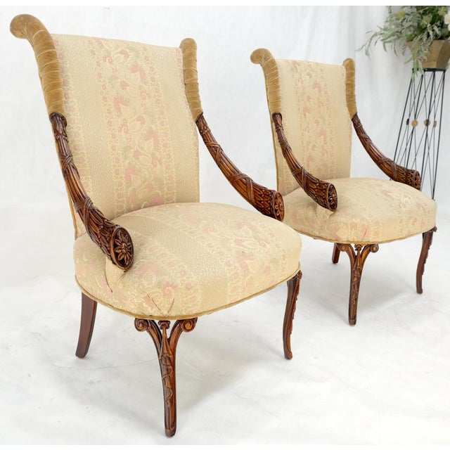 Traditional Pair of Carved Mahogany Fireside Lounge Chairs Regency Revival Style Clean! For Sale - Image 3 of 15