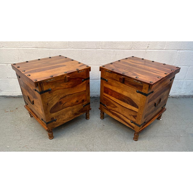 Rustic Late 20th Century Pair of Rustic Wood and Metal Storage Trunks W/ Lift-Top Lids For Sale - Image 3 of 15