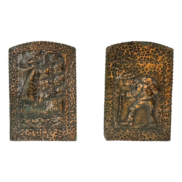 Art Nouveau Copper Bookends with Decorative Motifs, 1920s-1930s, Set of 2 For Sale