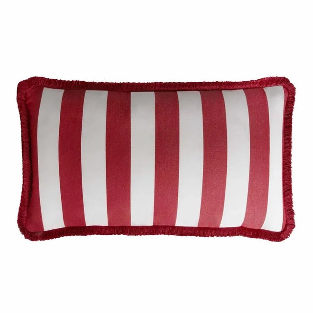 Couple Striped Outdoor Happy Cushion Cover with Fringes and Piping from Lo Decor, Set of 2 For Sale - Image 4 of 4