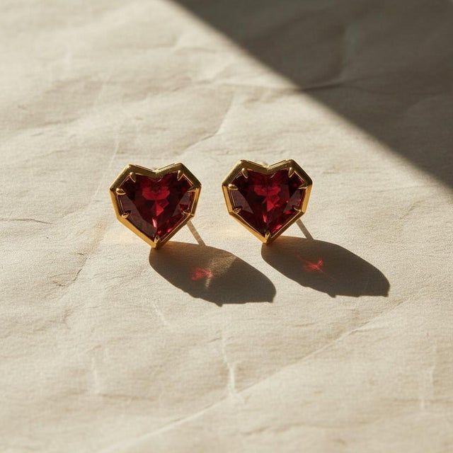Not Yet Made - Made To Order Geometric Heart Garnet Stud Earrings, Silver, Gold, Pair For Sale - Image 5 of 8