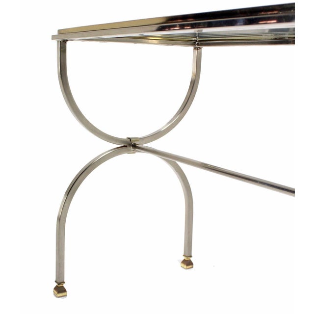 Mid-Century Modern Chrome Brass U Shape Base Glass Top Long Rectangle Console Sofa Table For Sale - Image 3 of 7