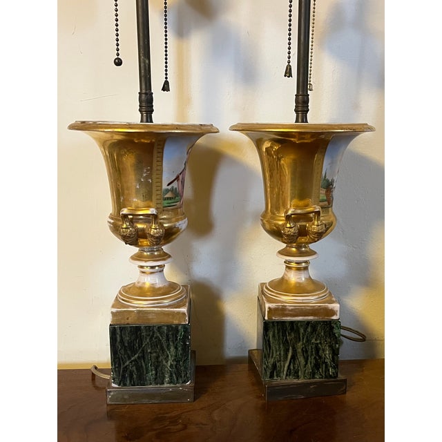 Antique Early 19th Century Old Paris Porcelain Urn Vases Decorated With Gardeners Now Mounted as Table Lamps - A Pair For Sale - Image 13 of 16