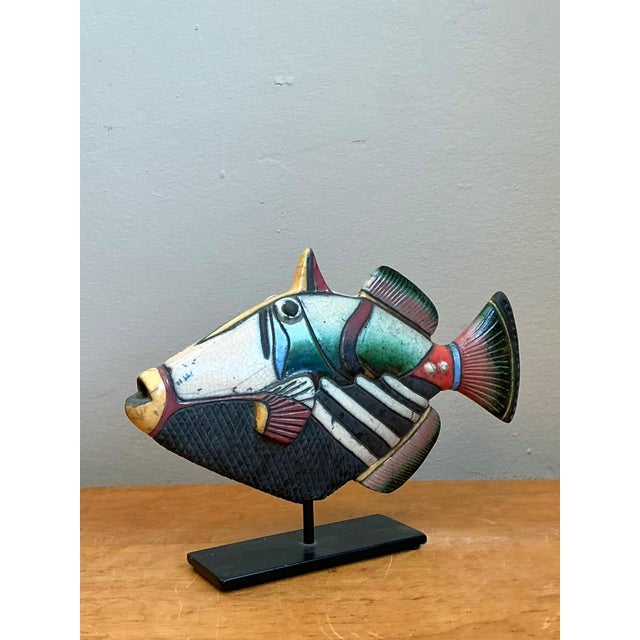 Vintage Hand Painted Ceramic Fish Sculpture on Stand For Sale - Image 11 of 14