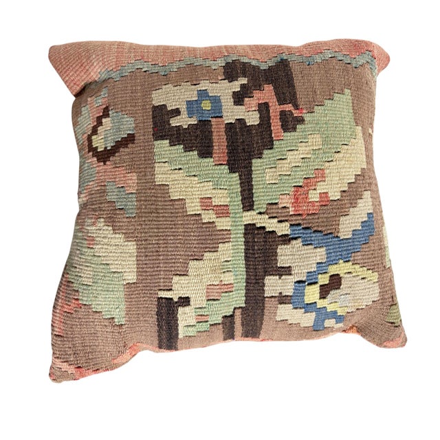 Superb custom-made pillow cover crafted from an authentic hand-woven Turkish tribal kilim, paired with black cotton...