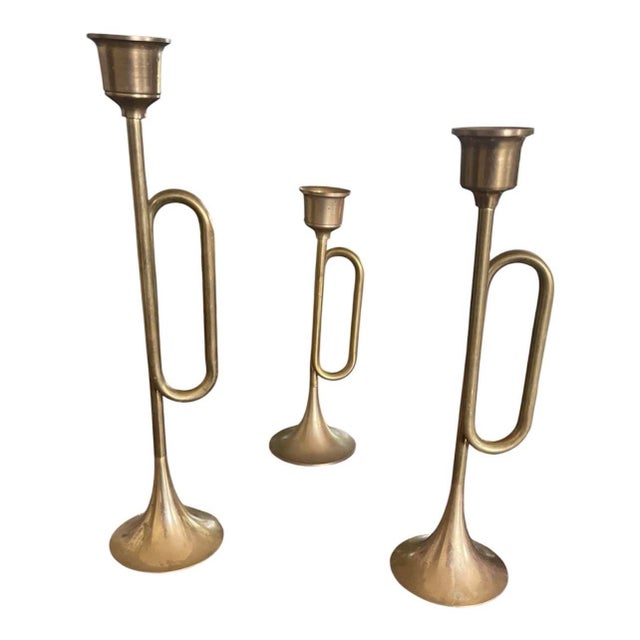 Brass MCM Vintage Brass Bugle Trumpet Shaped Stacked Candlestick Holders- Set of 3 For Sale - Image 8 of 8