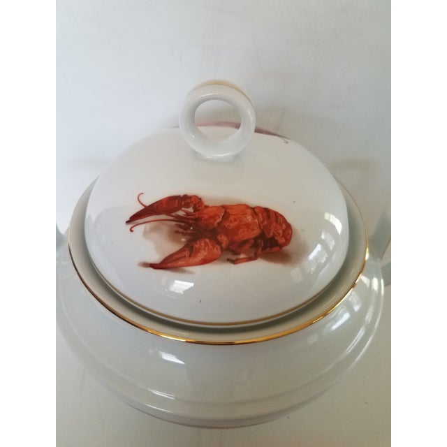 Vintage "JKW" Porcelain Hand Painted Lobster Tureen from Bavaria Germany. The tureen has a stunning gold gilt trim around...