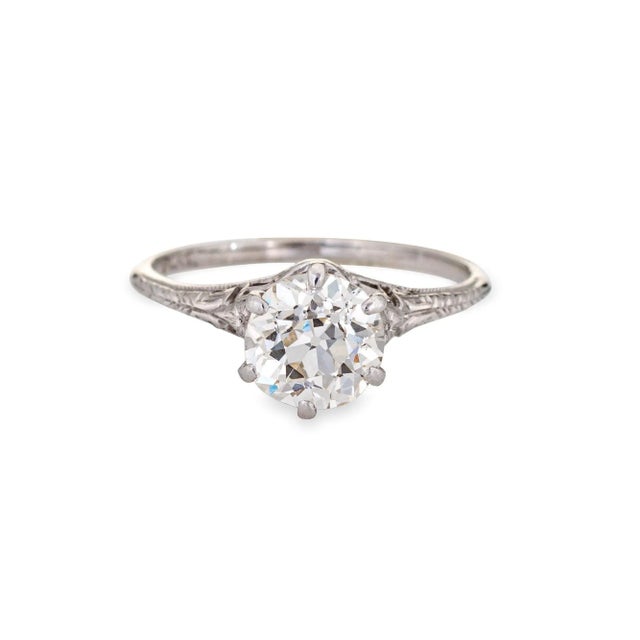 Finely detailed vintage Art Deco 1.55ct old European brilliant cut diamond ring (circa 1920s to 1930s) crafted in...