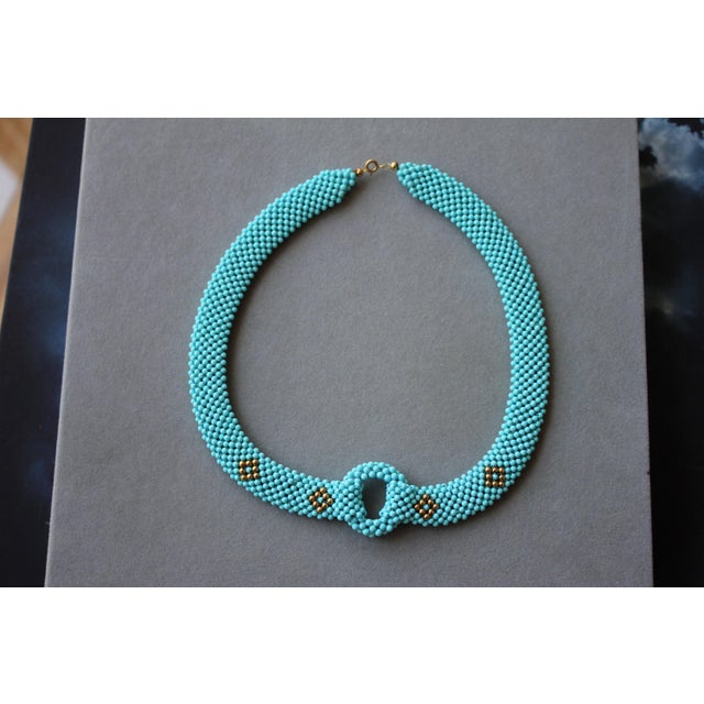 Early 21st Century Teal Blue Turquoise Round Fancy Beads Unique Choker 14k Gold Statement Necklace For Sale - Image 5 of 10