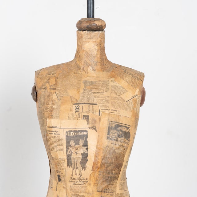 20th Century Vintage Dressmaker's Mannequin Covered in Old Newsprint For Sale - Image 4 of 11