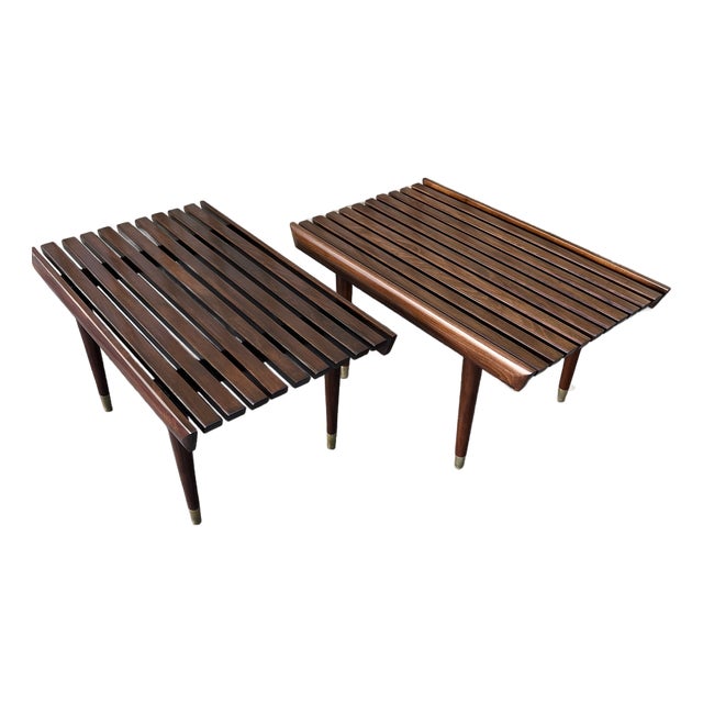 A Pair of Newly Restored Mid Century Modern George Nelson Style Wood Slat Benches / Side Tables. For Sale