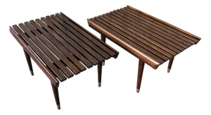 A Pair of Newly Restored Mid Century Modern George Nelson Style Wood Slat Benches / Side Tables