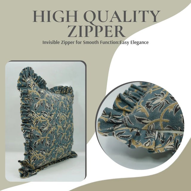 Art Deco Fabdivine Decorative Block Print Frill Cushion Cover Blue 22x22 Inch Thick Linen- Kamal Dutta For Sale - Image 3 of 5