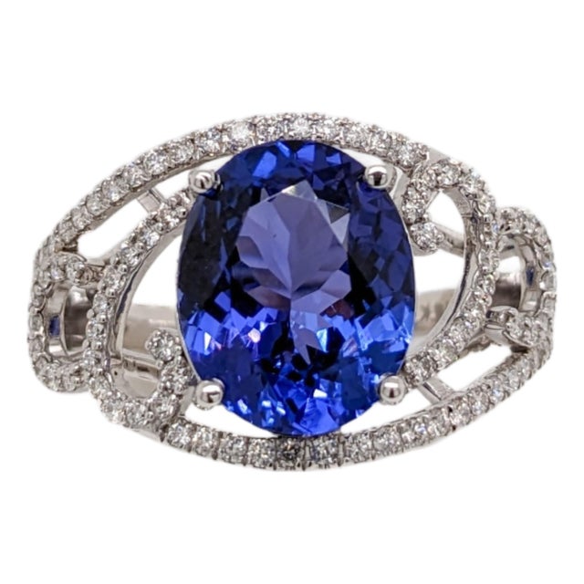 Statement 5.4Ct Tanzanite Ring With Natural Diamonds: Solid 14k Gold, 12x10mm, Size 6.75 For Sale