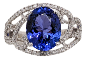 Statement 5.4Ct Tanzanite Ring With Natural Diamonds: Solid 14k Gold, 12x10mm, Size 6.75