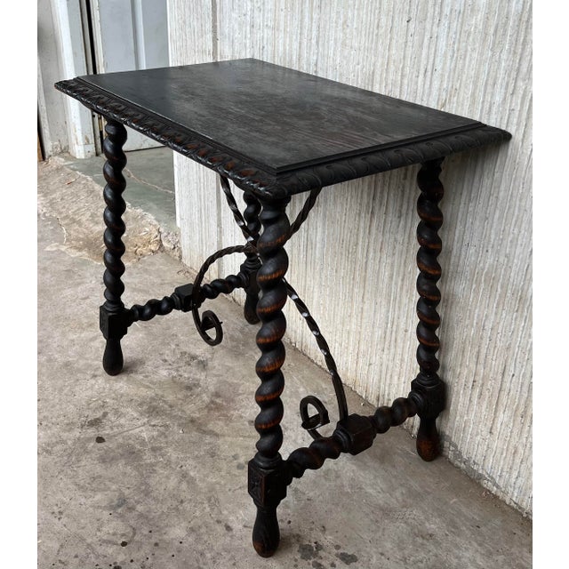 Wood 19th Spanish Side or Coffee Table With Iron Stretcher and Solomonic Legs For Sale - Image 7 of 13