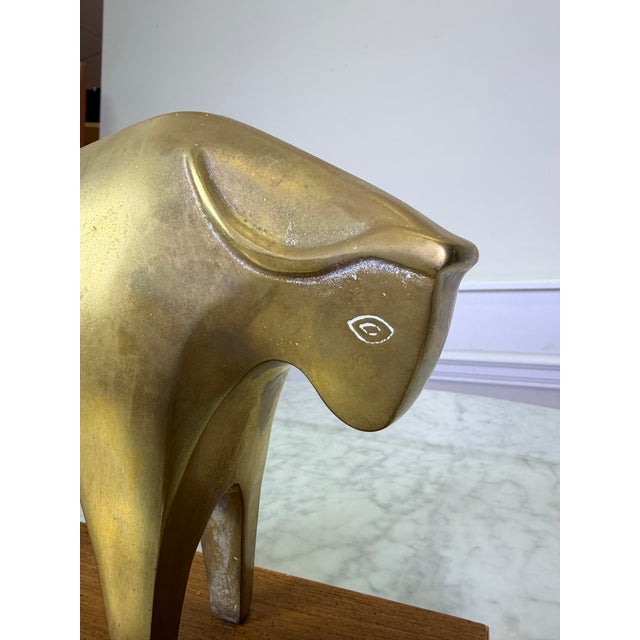 Vintage Mid-Century Modernist Solid Brass Bull Sculpture on Walnut Base For Sale In West Palm - Image 6 of 8