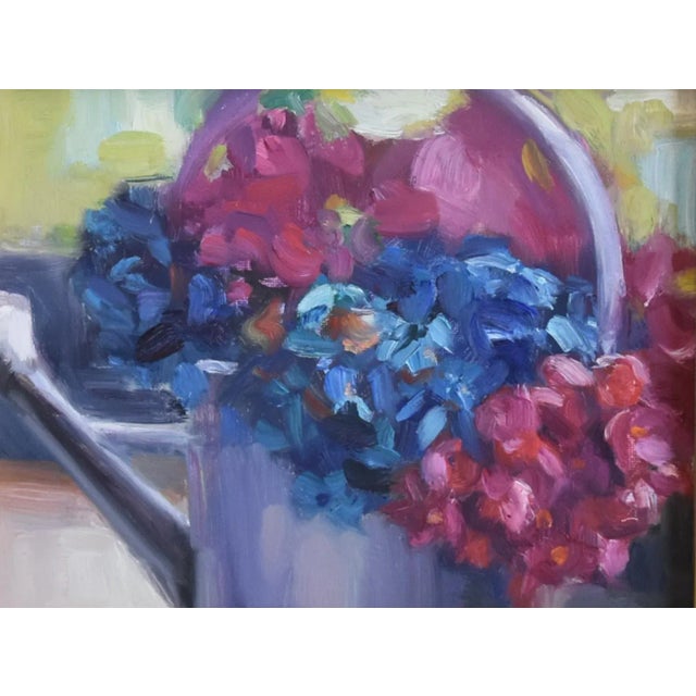 Impressionist Floral Bouquet of Flowers in Watering Can Painting Including the Antiqued Gold Wood Frame For Sale - Image 4 of 6