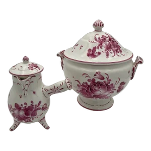 1960s French Porcelain Tureen and Pot De Chocolate in Magenta Floral- 2 Pieces