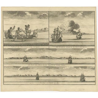 Valentijn, Illustration of VOC Ships & Native Fisherman and Coastal Views of New Guinea, 1726, Print For Sale