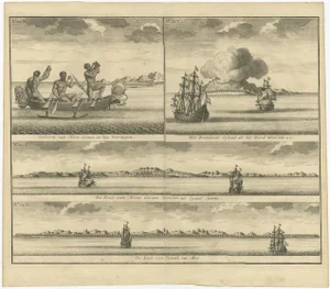 Valentijn, Illustration of VOC Ships & Native Fisherman and Coastal Views of New Guinea, 1726, Print