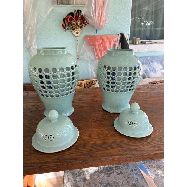 Green Late 20th Century Pair of Celadon Pierced Ginger Jars With Finial Lids For Sale - Image 8 of 10