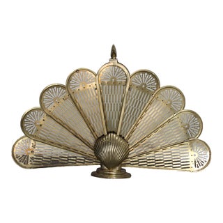 Vintage Brass Peacock Fireplace Screen With Shell For Sale