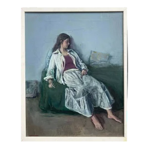 "Anna Maria in White" Modern Framed Woman Portrait Painting by Lambro Ahlas