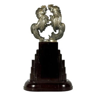 Early 20th Century Fighting Roosters Automobile Radiator Mascot Hood Ornament on Bakelite Trophy Base For Sale