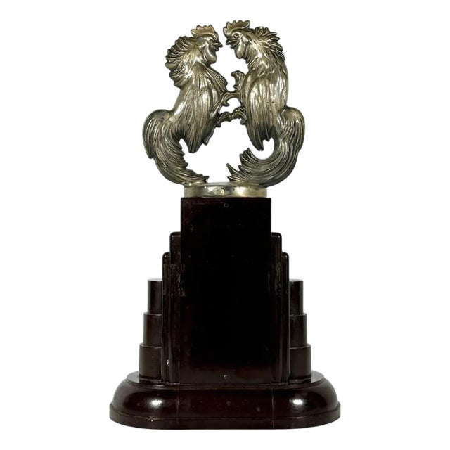 Early 20th Century Fighting Roosters Automobile Radiator Mascot Hood Ornament on Bakelite Trophy Base For Sale