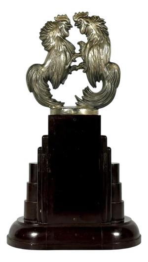 Early 20th Century Fighting Roosters Automobile Radiator Mascot Hood Ornament on Bakelite Trophy Base
