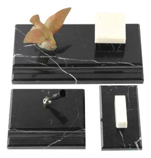 Art Deco Belgian Black Marble Desk Set with Bronze Bird, Set of 3