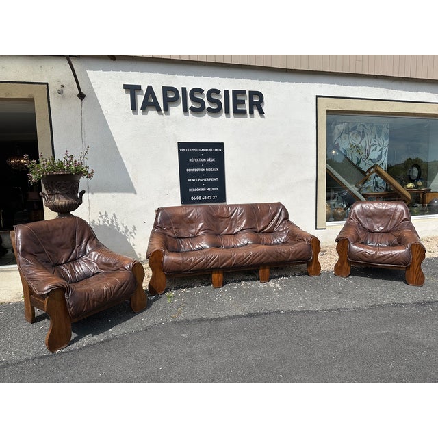Brutalist Leather Living Room Set, 1970, Set of 3 For Sale - Image 15 of 16