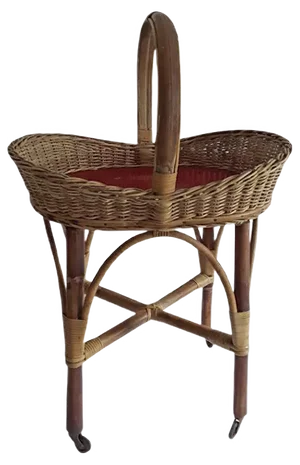 Vintage German Bamboo and Red Plastic Side Table on Wheels, 1960s