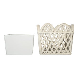 Rattan Lattice Scalloped 10" Square Planter, White For Sale