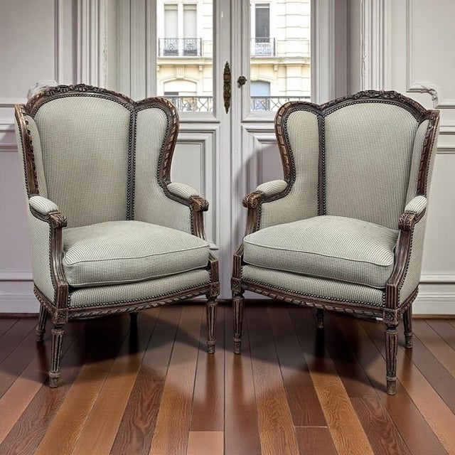 Pair Antique Louis XVI Style French Bergères ~ Armchairs in Walnut For Sale - Image 18 of 18