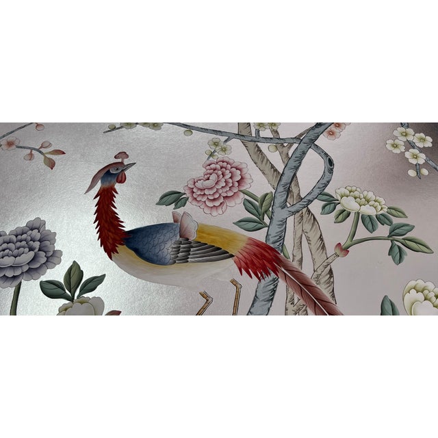Chinoiserie Silver Leaf Chinoiserie Hand-Painted Peony & Exotic Bird Wall Panels (Set of 4) For Sale - Image 3 of 4